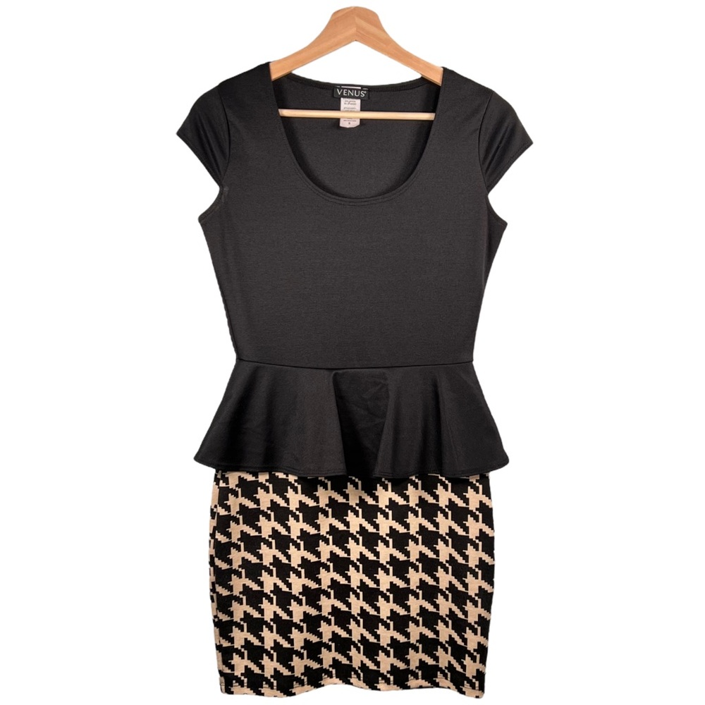 Venus Bodycon Peplum Dress Black & Tan Size Small